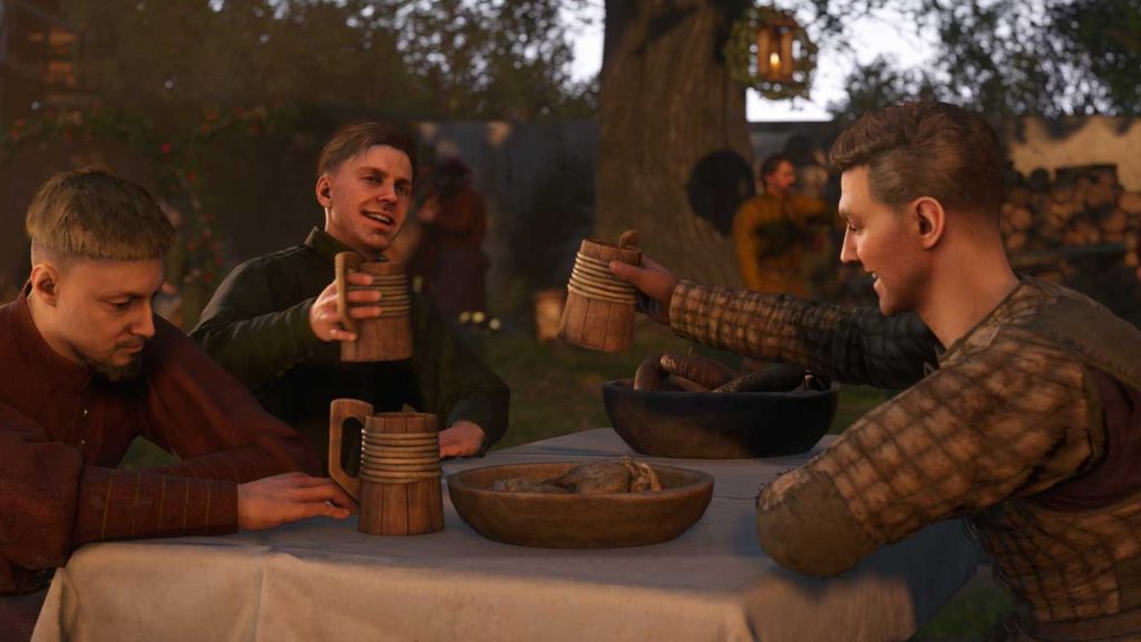 Personnages de Kingdom Come Deliverance 2 discutant autour d'une boisson